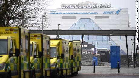 Ambulances parked outside NHS Nightingale Hospital at ExCel Center in East London on January 1, 2021.