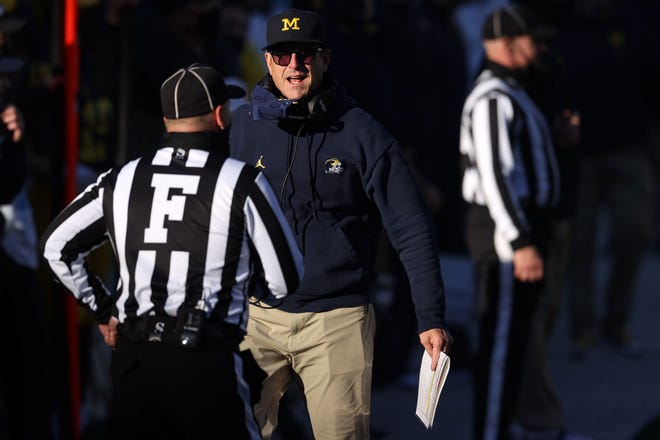 Coach Jim Harpo of the Michigan Wolverines responded in the second half as Pennsylvania State Team Nitani Lions play at Michigan Stadium on November 28, 2020 in Ann Arbor, Michigan.